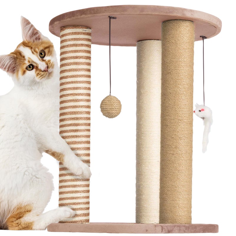 PETMAKER Cat Scratching Post - 3 Scratcher Posts with Carpeted Base Play Area and Perch - Furniture Scratching Deterrent for Indoor Cats by PETMAKER (Brown), Large - Image 1